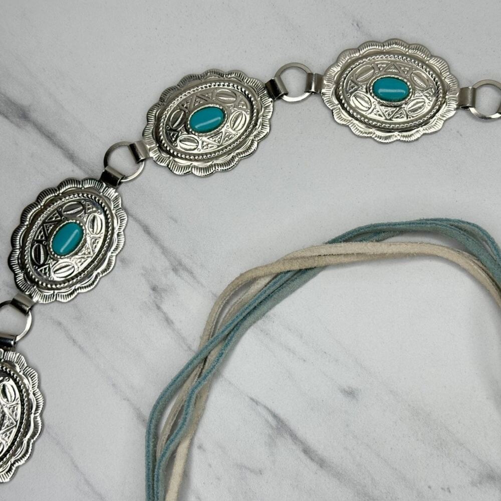 Faux Turquoise Scalloped Concho Silver Tone Chain Belt One Size (OS) Western ✨ - Picture 7 of 12